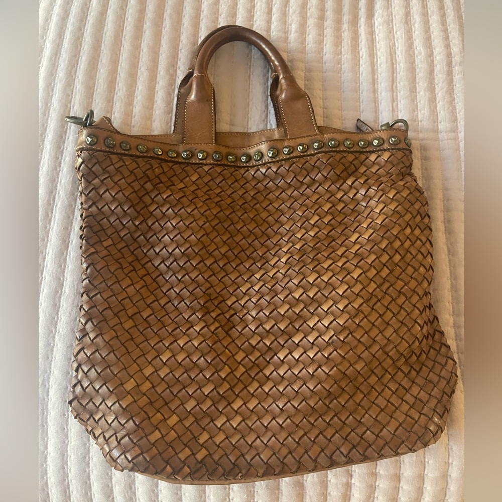 Vintage Italian Woven Leather Tote Brown Intrecciato Style Shoulder Bag